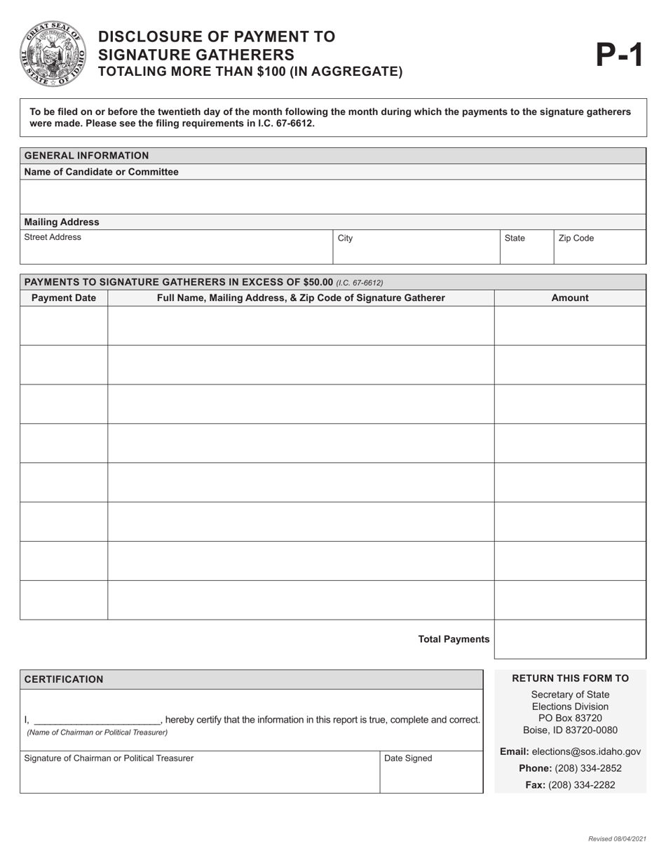 Form P-1 Disclosure of Payment to Signature Gatherers Totaling More Than $100 (In Aggregate) - Idaho, Page 1