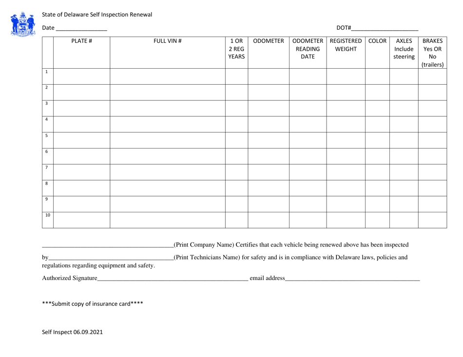 Delaware State of Delaware Self Inspection Renewal Fill Out, Sign