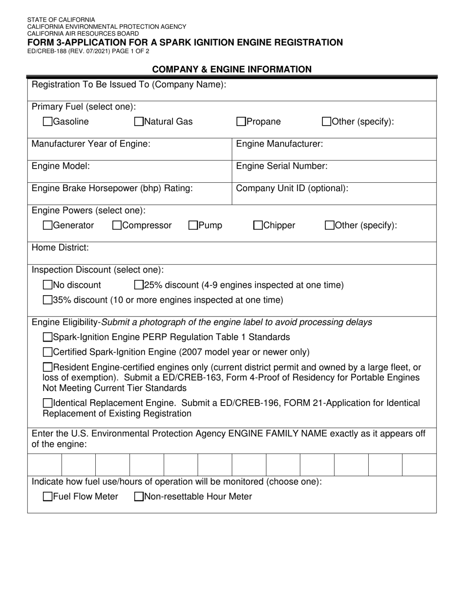 Form 3 (ED / CREB-188) Application for a Spark Ignition Engine Registration - California, Page 1