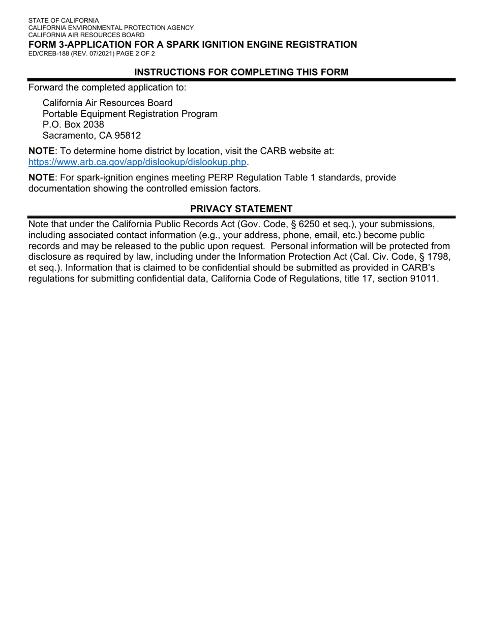 Form 3 (ED / CREB-188) Application for a Spark Ignition Engine Registration - California, Page 2