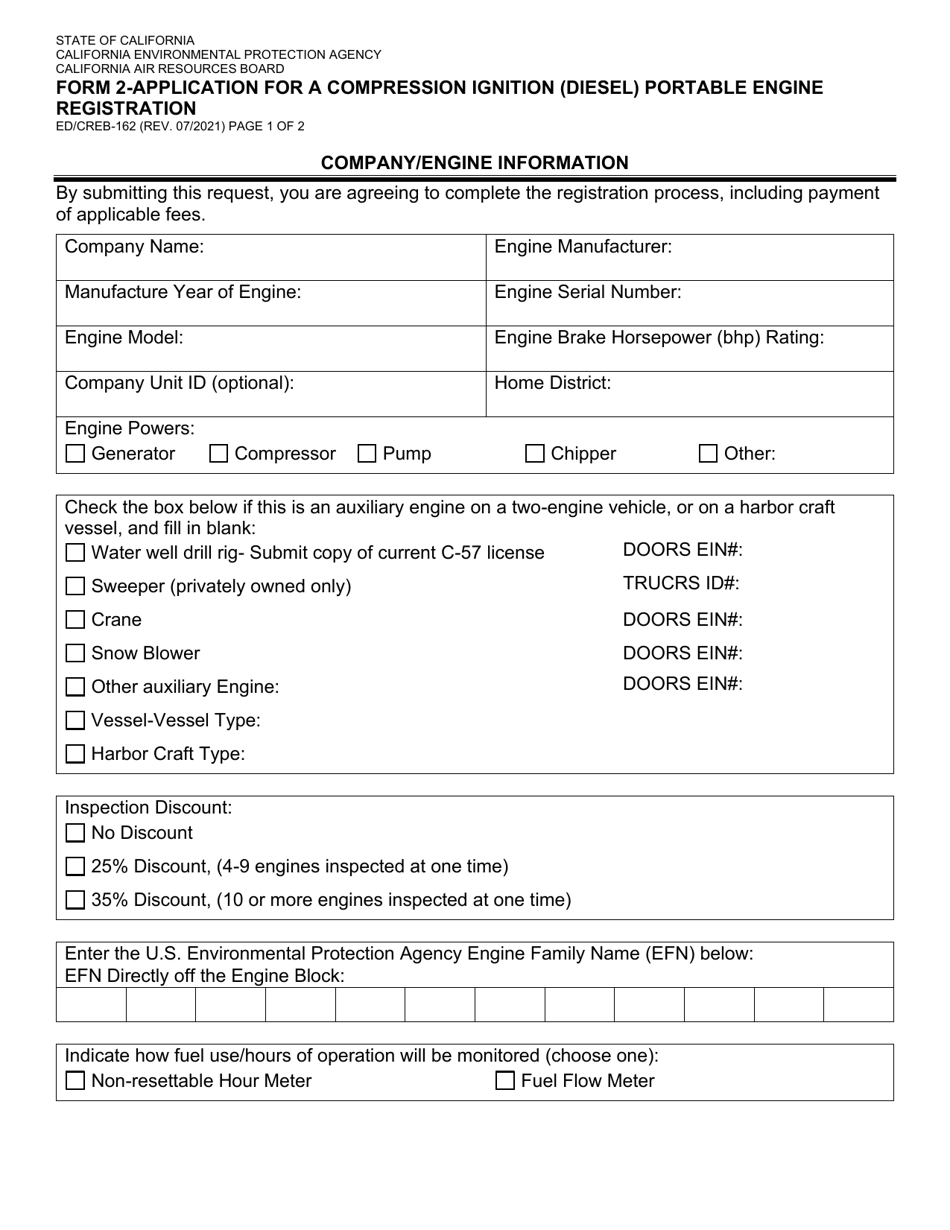Form 2 (ED / CREB-162) Application for a Compression Ignition (Diesel) Portable Engine Registration - California, Page 1