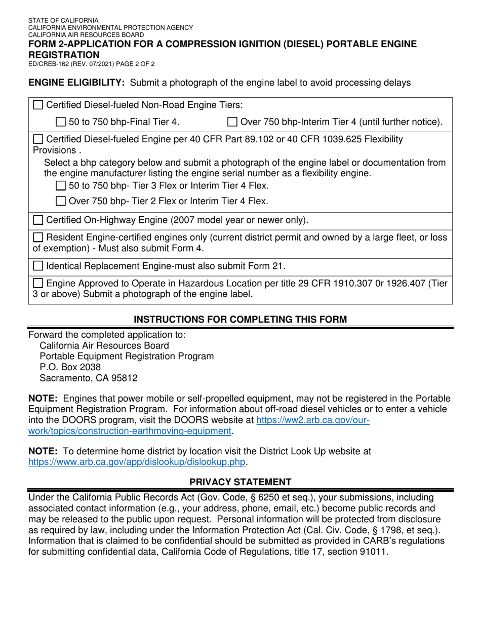 Form 2 (ED / CREB-162) Application for a Compression Ignition (Diesel) Portable Engine Registration - California, Page 2