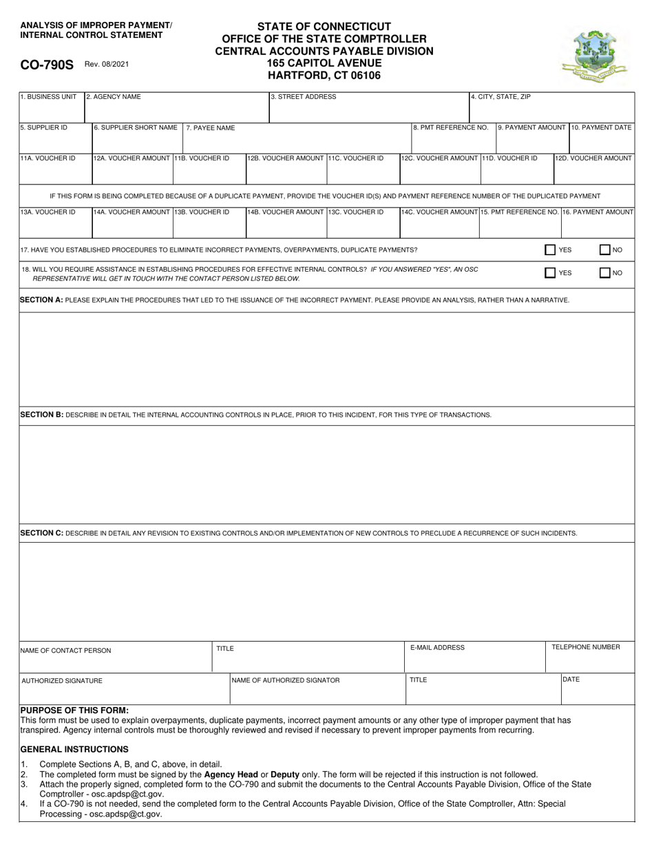 Form CO-790S Analysis of Improper Payment / Internal Control Statement - Connecticut, Page 1
