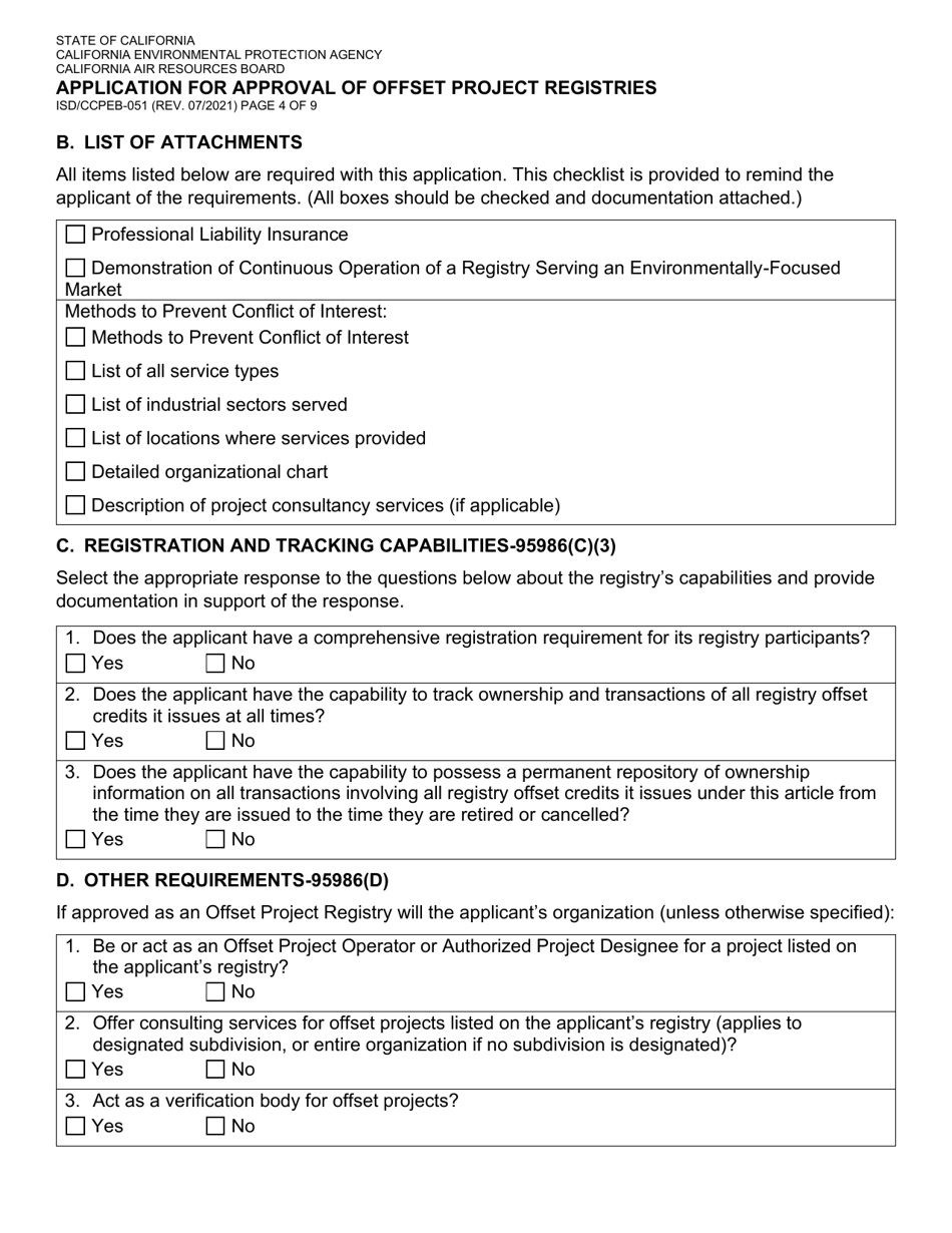 Form ISD / CCPEB-051 Application for Approval of Offset Project Registries - California, Page 4