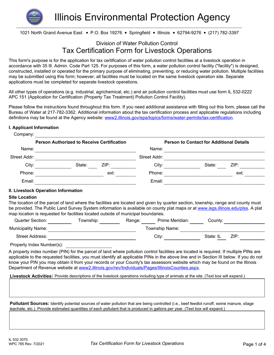 Form WPC785 (IL532 3070) Tax Certification Form for Livestock Operations - Illinois, Page 1