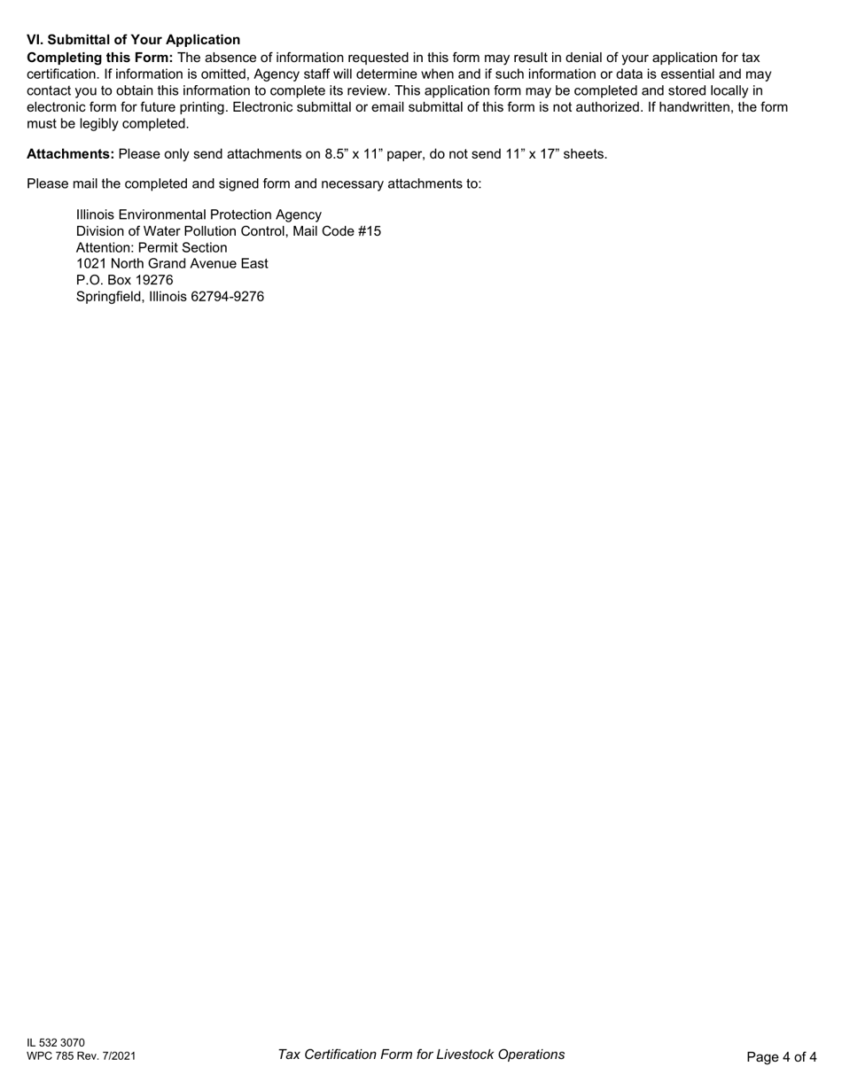 Form WPC785 (IL532 3070) Tax Certification Form for Livestock Operations - Illinois, Page 4