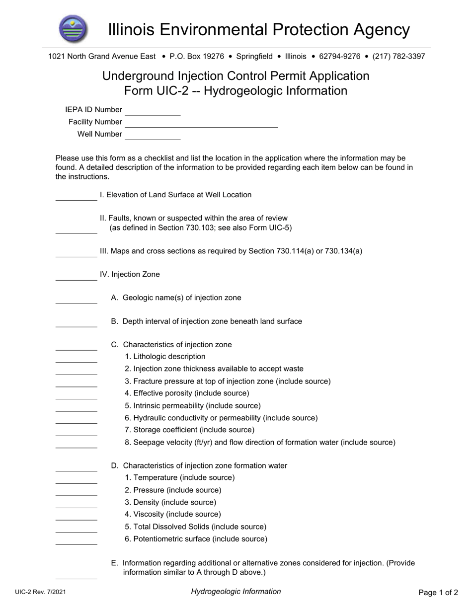 Form UIC-2 Underground Injection Control Permit Application - Hydrogeologic Information - Illinois, Page 1