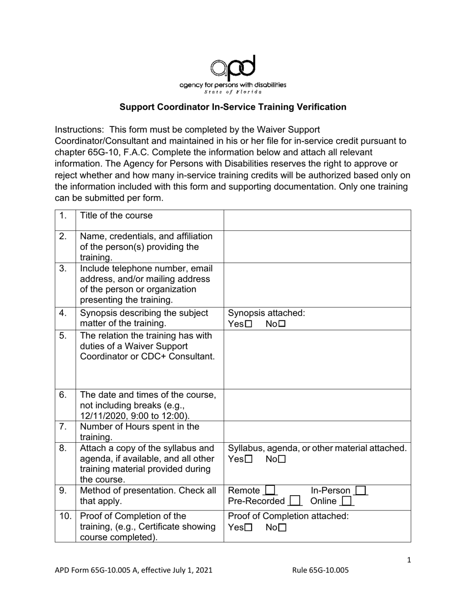APD Form 65G-10.005 A Support Coordinator In-Service Training Verification - Florida, Page 1