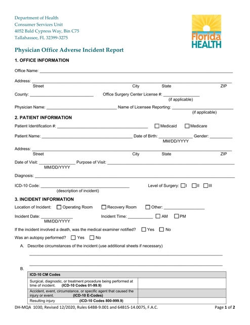 Form DH-MQA1030 Physician Office Adverse Incident Report - Florida