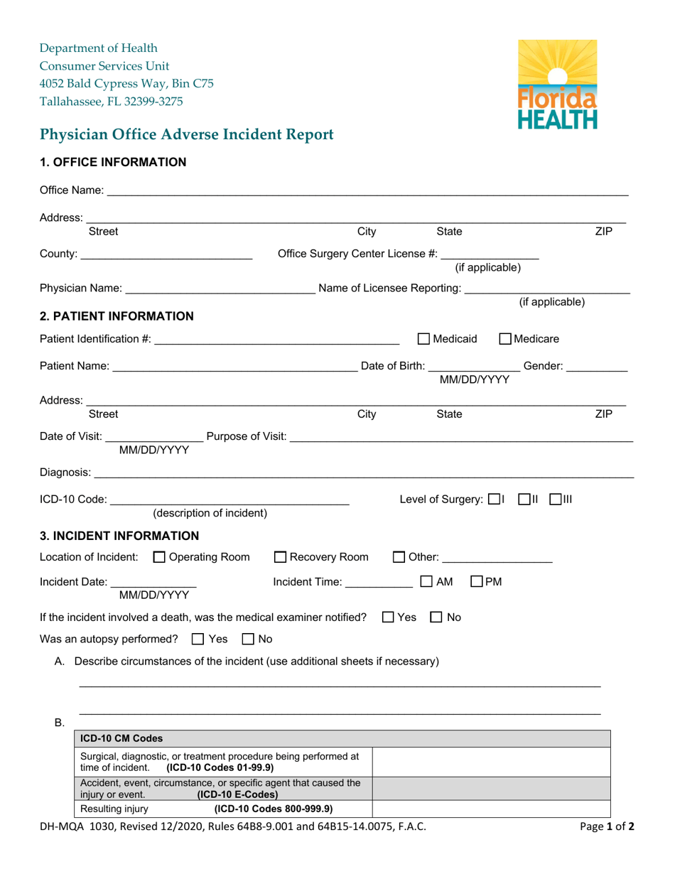 Form DH-MQA1030 Physician Office Adverse Incident Report - Florida, Page 1