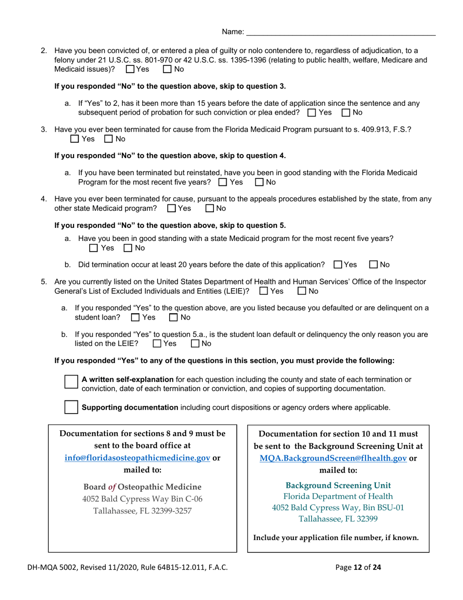 Form DH-MQA5002 Osteopathic Physician Application for Temporary Certificate for Active Duty Military and Veterans Practicing in Areas of Critical Need - Florida, Page 12