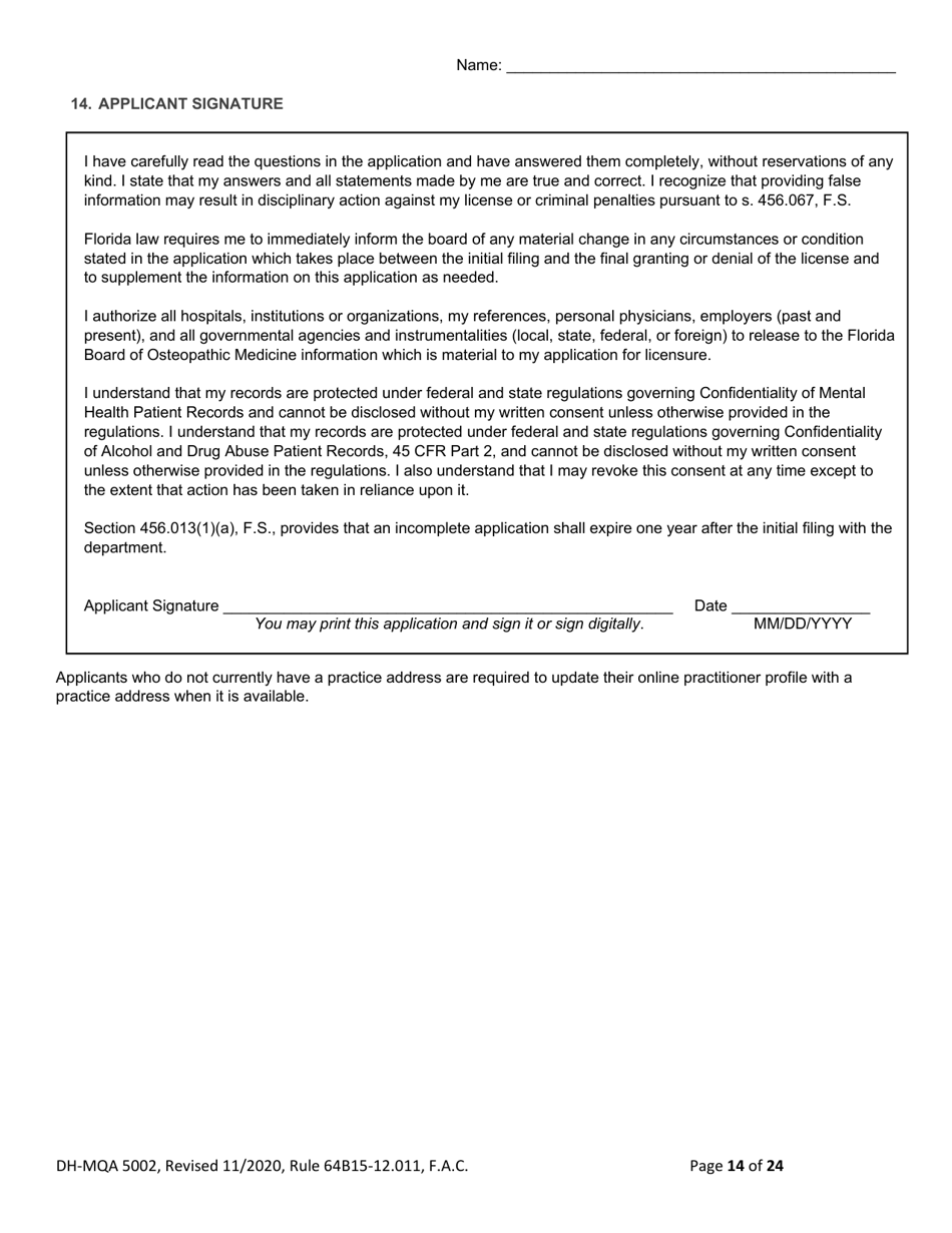 Form DH-MQA5002 Osteopathic Physician Application for Temporary Certificate for Active Duty Military and Veterans Practicing in Areas of Critical Need - Florida, Page 14