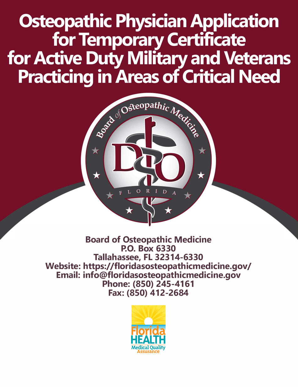 Form DH-MQA5002 Osteopathic Physician Application for Temporary Certificate for Active Duty Military and Veterans Practicing in Areas of Critical Need - Florida, Page 1