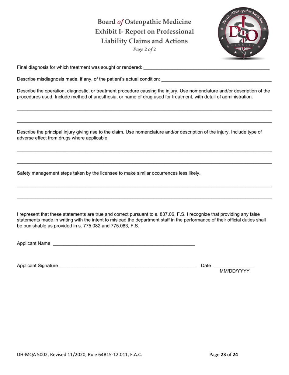 Form DH-MQA5002 Osteopathic Physician Application for Temporary Certificate for Active Duty Military and Veterans Practicing in Areas of Critical Need - Florida, Page 23