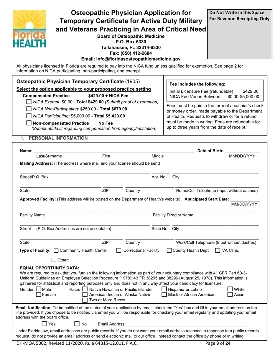 Form DH-MQA5002 Osteopathic Physician Application for Temporary Certificate for Active Duty Military and Veterans Practicing in Areas of Critical Need - Florida, Page 3