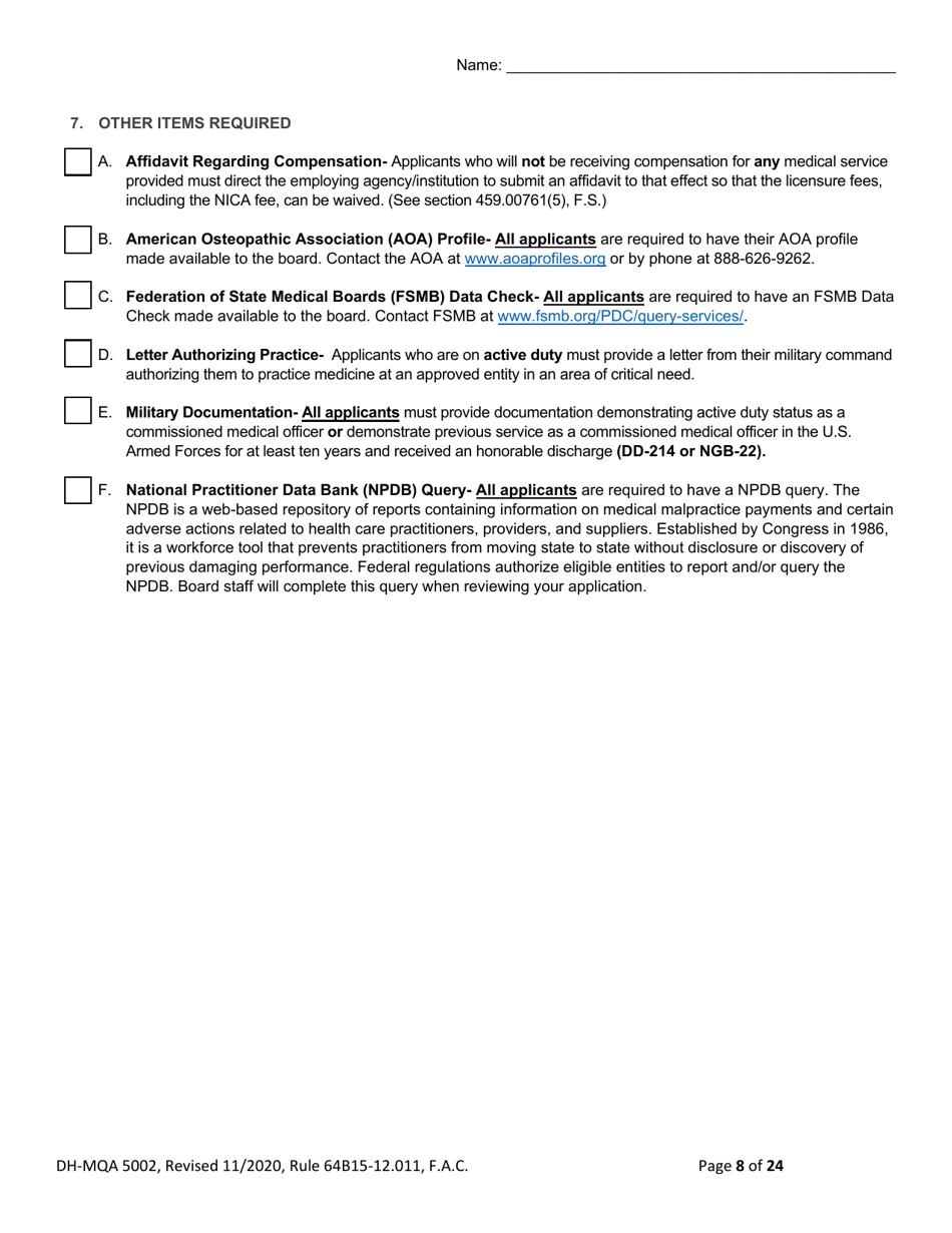 Form DH-MQA5002 Osteopathic Physician Application for Temporary Certificate for Active Duty Military and Veterans Practicing in Areas of Critical Need - Florida, Page 8