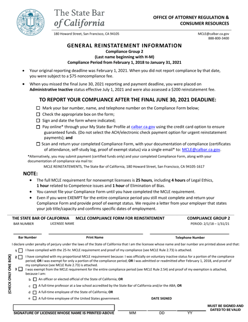 Mcle Compliance Form for Reinstatement - Compliance Group 2 - California, 2021