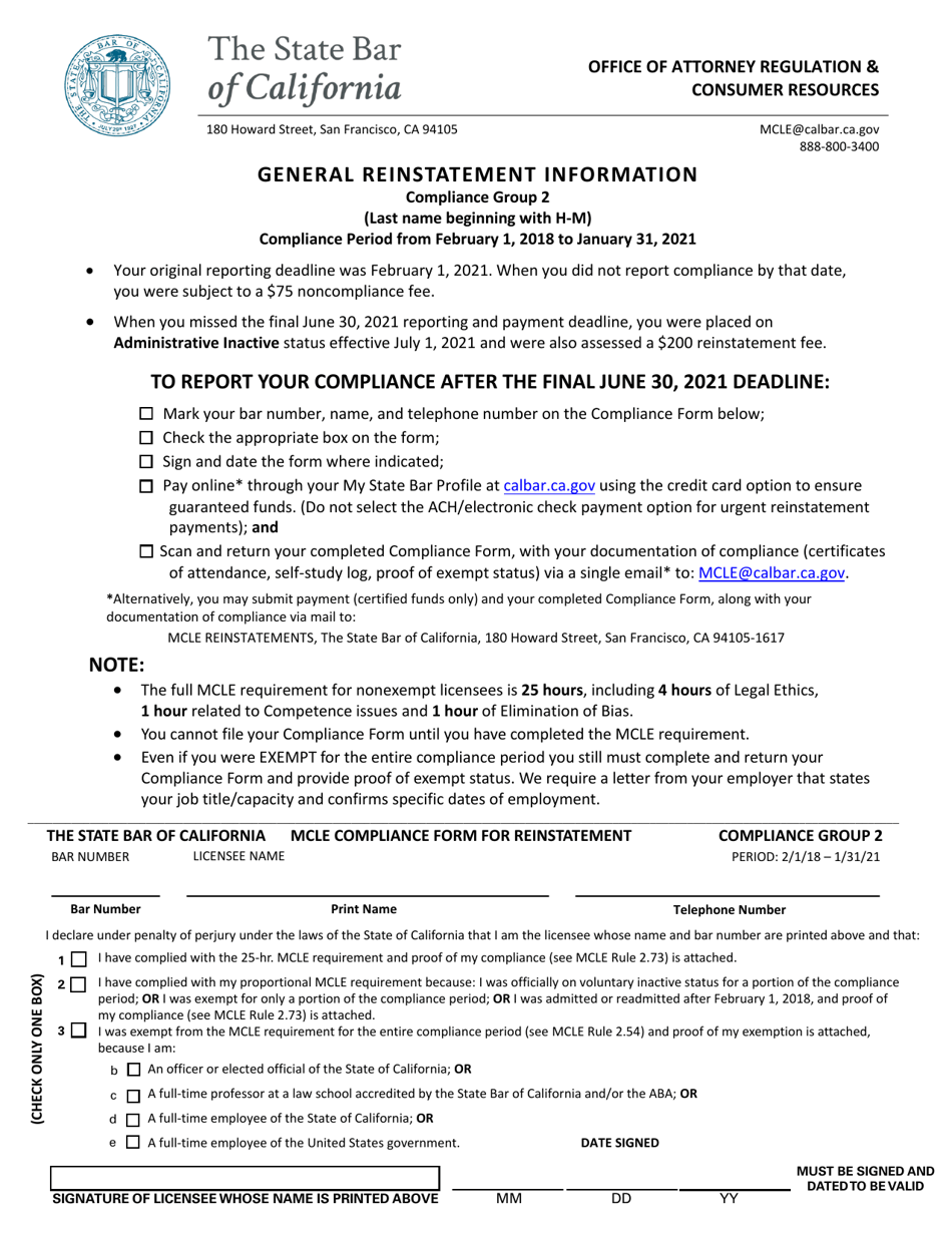 Mcle Compliance Form for Reinstatement - Compliance Group 2 - California, Page 1