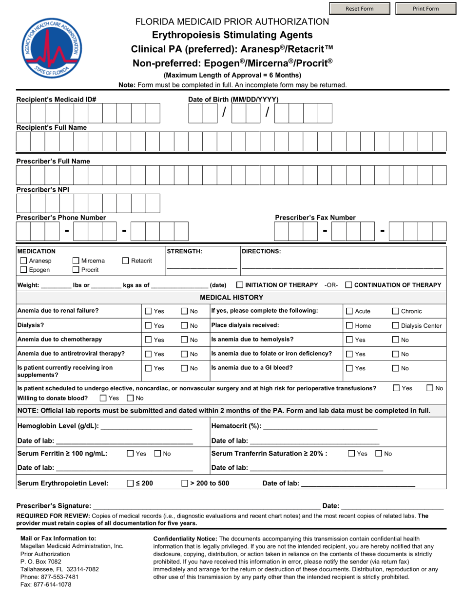 Erythropoiesis Stimulating Agents Form - Florida, Page 1
