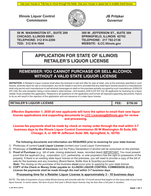 Form IL567-0015 Application for State of Illinois Retailer's Liquor License - Illinois