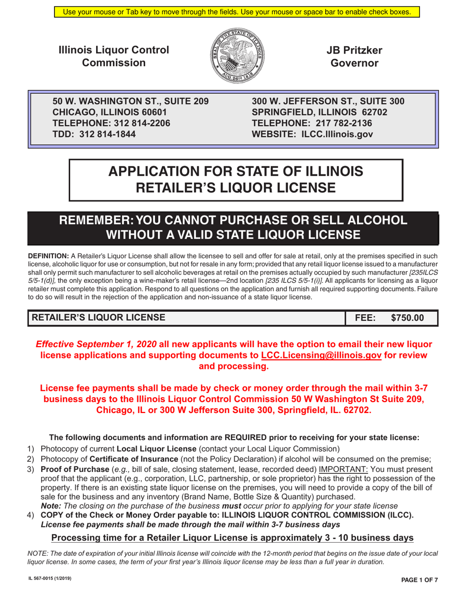 Form IL567-0015 Application for State of Illinois Retailers Liquor License - Illinois, Page 1