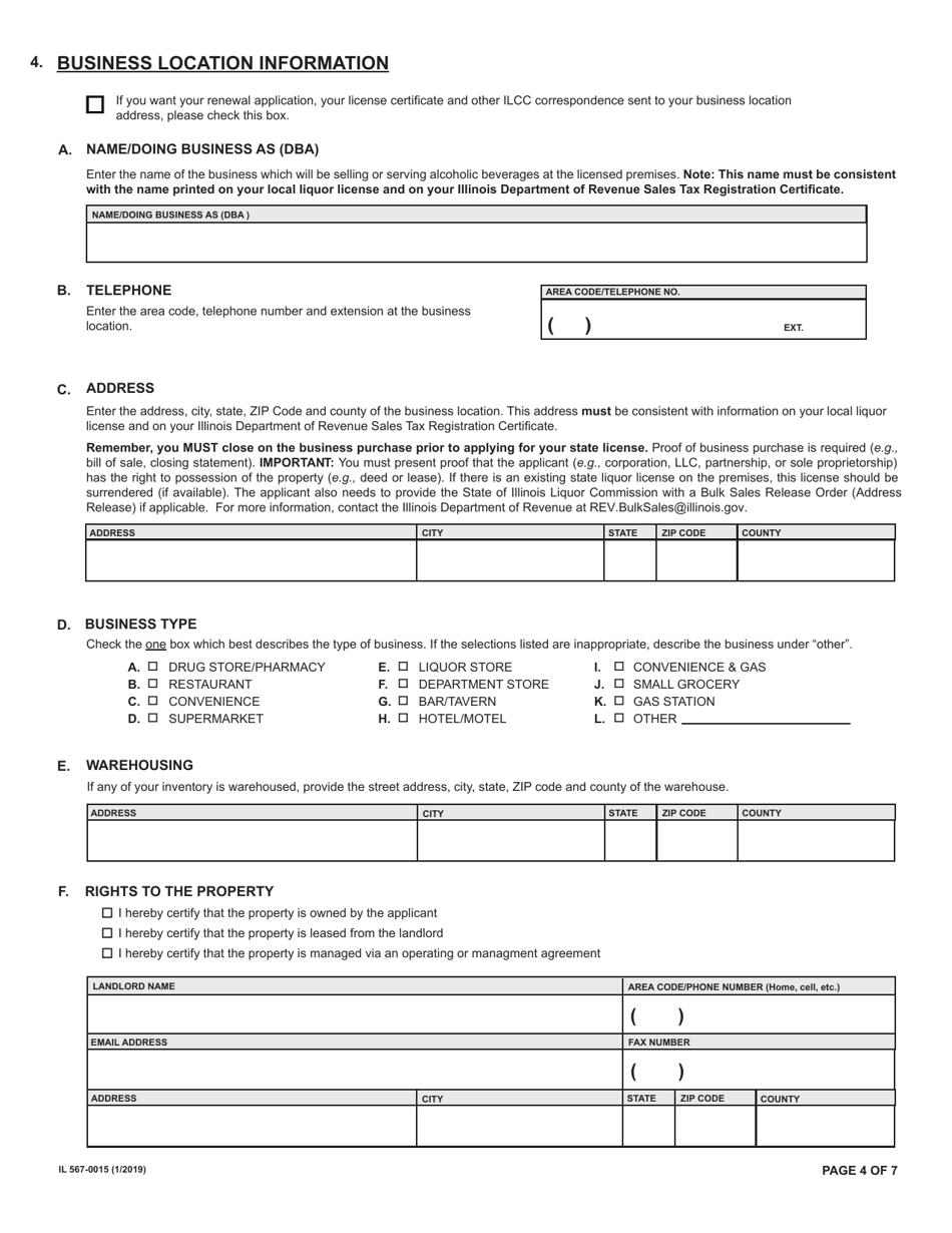 Form IL567-0015 Application for State of Illinois Retailers Liquor License - Illinois, Page 4