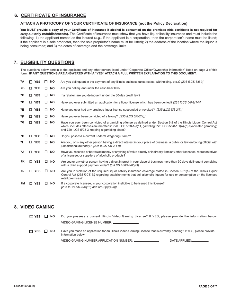 Form IL567-0015 Application for State of Illinois Retailers Liquor License - Illinois, Page 6