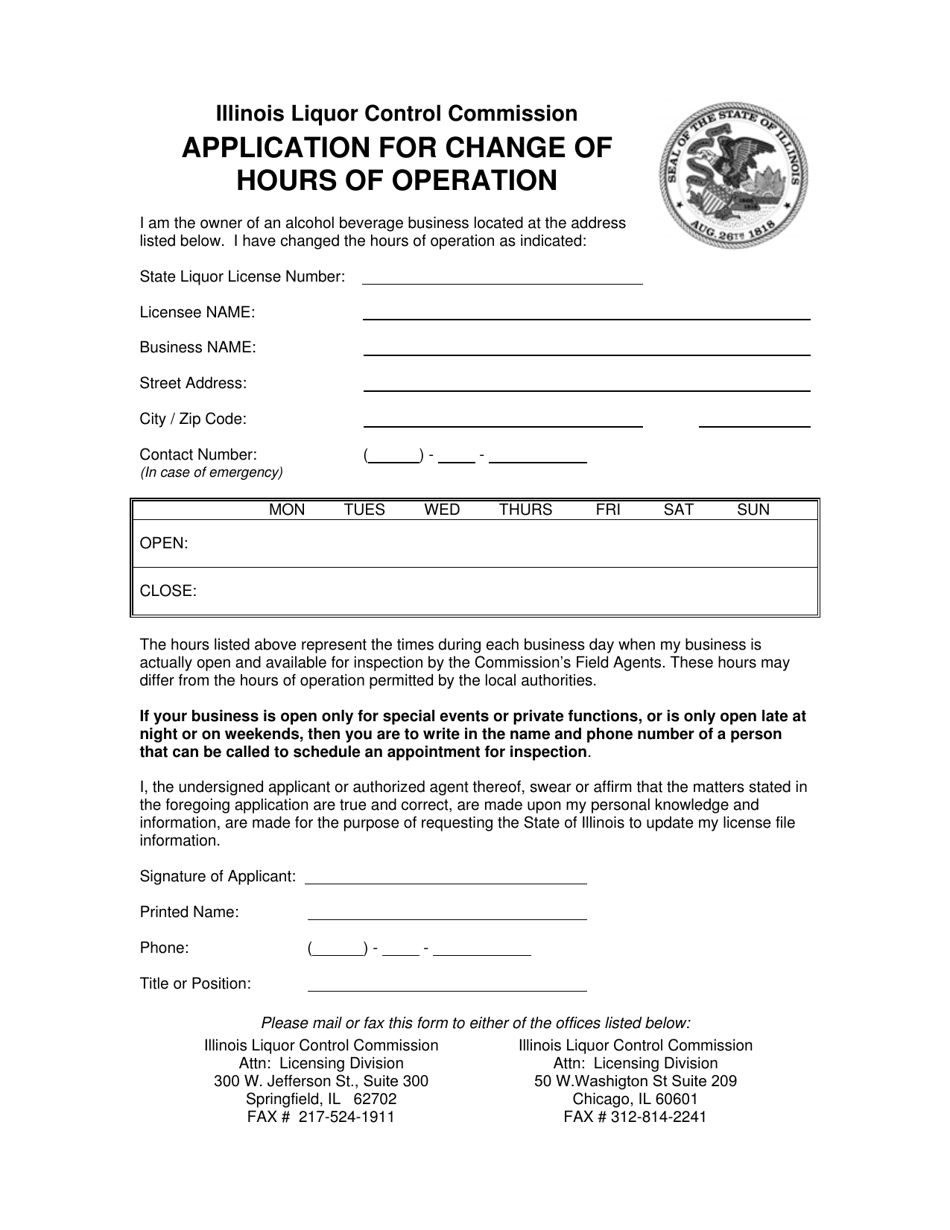 Application for Change of Hours of Operation - Illinois, Page 1