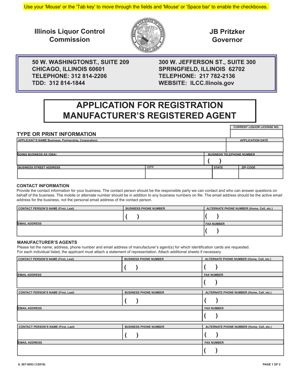 Form IL567-0053 Application for Registration Manufacturers Registered Agent - Illinois, Page 1