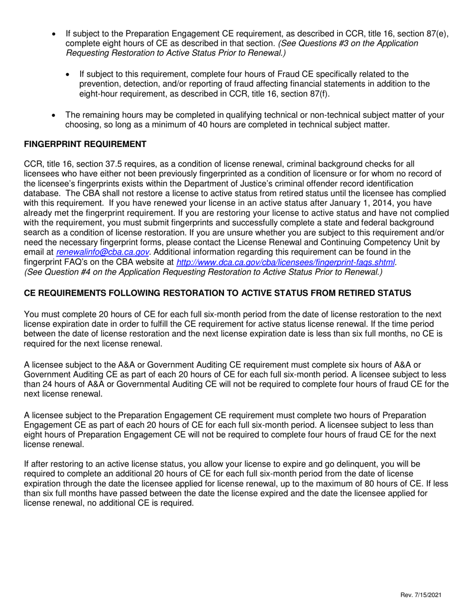 California Application Requesting Restoration to Active Status Prior to