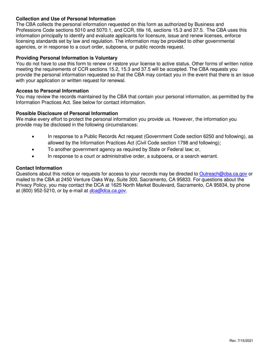 Application Requesting Restoration to Active Status Prior to Renewal - California, Page 5