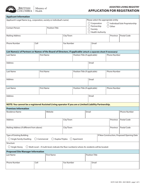 Form HLTH1620 Application for Registration - Assisted Living Registry - British Columbia, Canada