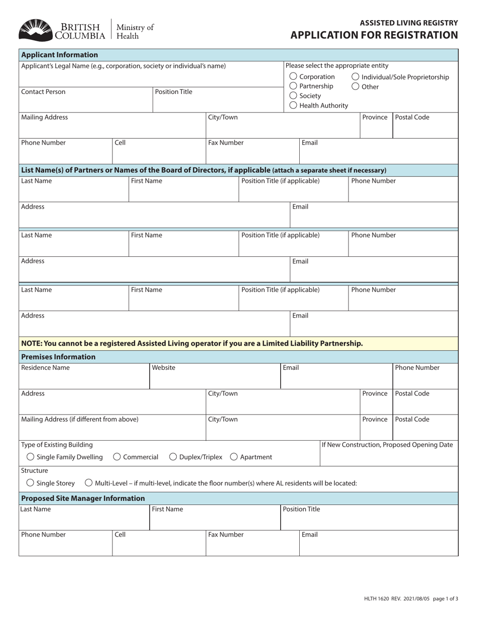 Form HLTH1620 Application for Registration - Assisted Living Registry - British Columbia, Canada, Page 1
