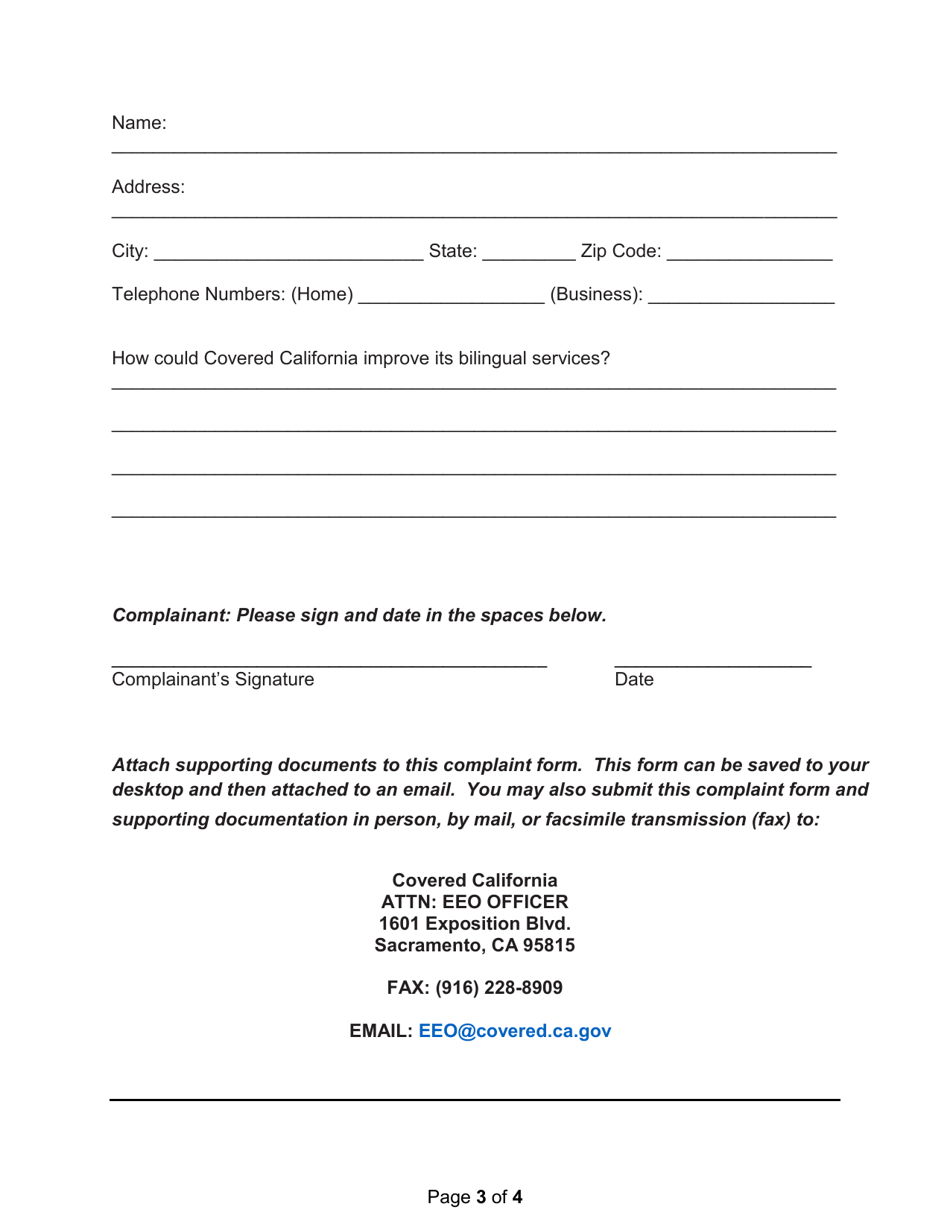Bilingual Services Complaint Form - California, Page 3