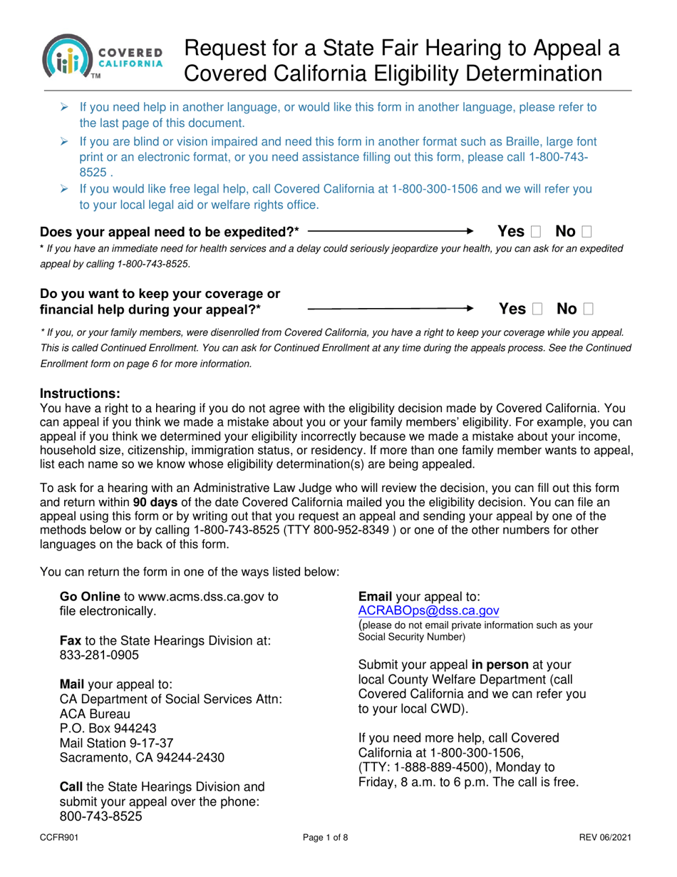 Form CCFR901 Request for a State Fair Hearing to Appeal a Covered California Eligibility Determination - California, Page 1