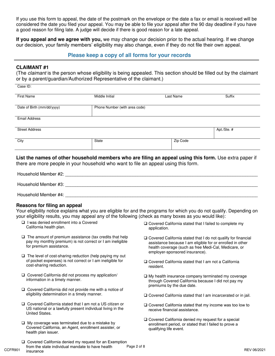 Form CCFR901 Request for a State Fair Hearing to Appeal a Covered California Eligibility Determination - California, Page 2