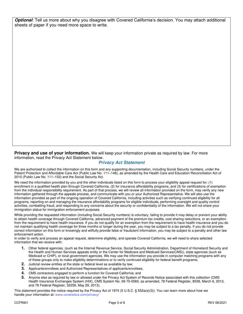 Form CCFR901 Request for a State Fair Hearing to Appeal a Covered California Eligibility Determination - California, Page 3