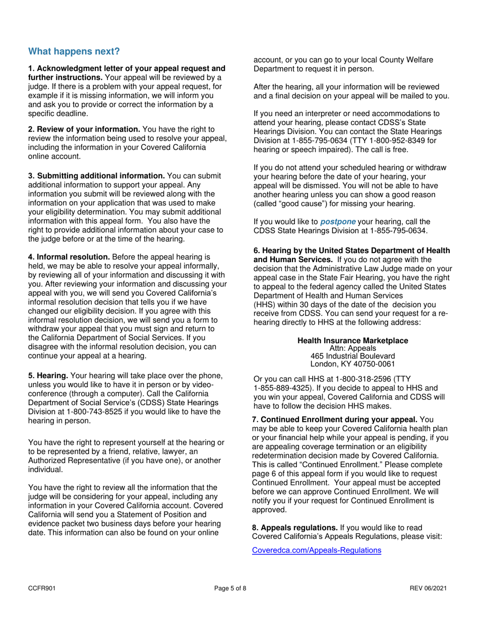 Form CCFR901 Request for a State Fair Hearing to Appeal a Covered California Eligibility Determination - California, Page 5