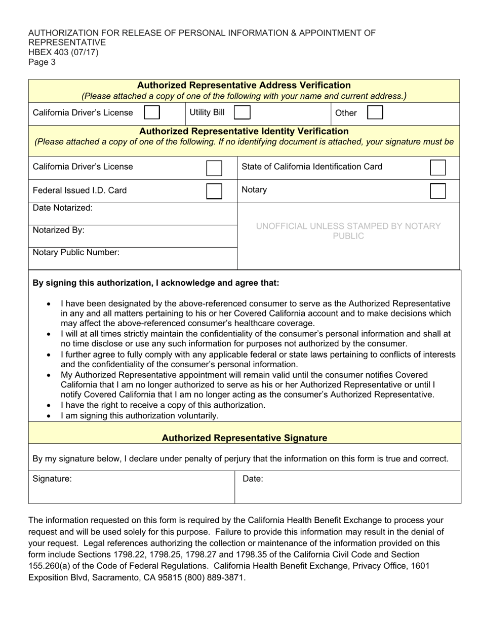 Form HBEX403 Authorization for Release of Personal Information  Appointment of Representative - California, Page 3
