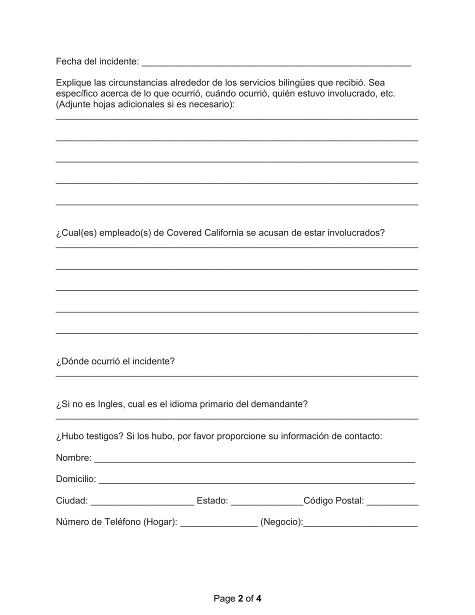 Forma Para Quejas De Servicios Bilingues - California (Spanish), Page 2