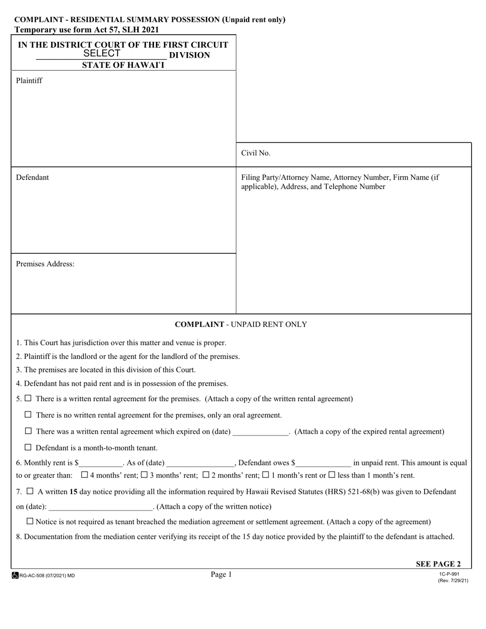 Form 1C-P-991 Complaint - Residential Summary Possession (Unpaid Rent Only) - Hawaii, Page 1