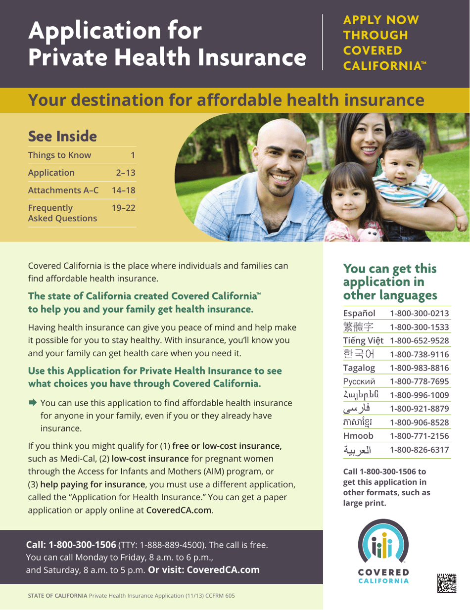 Form CCFRM605 Application for Private Health Insurance - California, Page 1