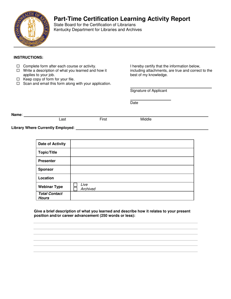 Part-Time Certification Learning Activity Report - Kentucky, Page 1