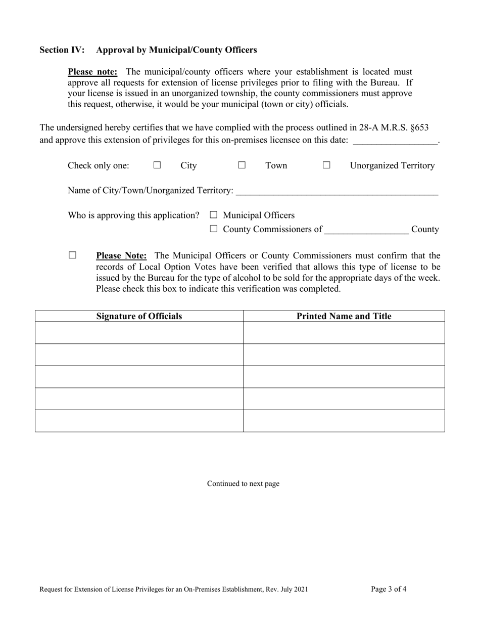 Request for Extension of License Privileges for an on-Premises Establishment - Maine, Page 3