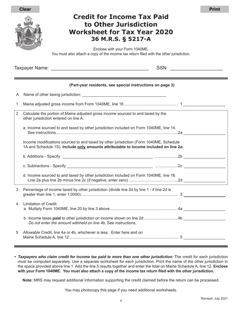 Credit for Income Tax Paid to Other Jurisdiction Worksheet - Maine Download Pdf