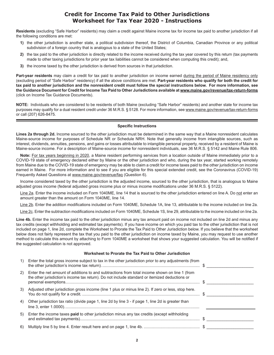 Credit for Income Tax Paid to Other Jurisdiction Worksheet - Maine, Page 2
