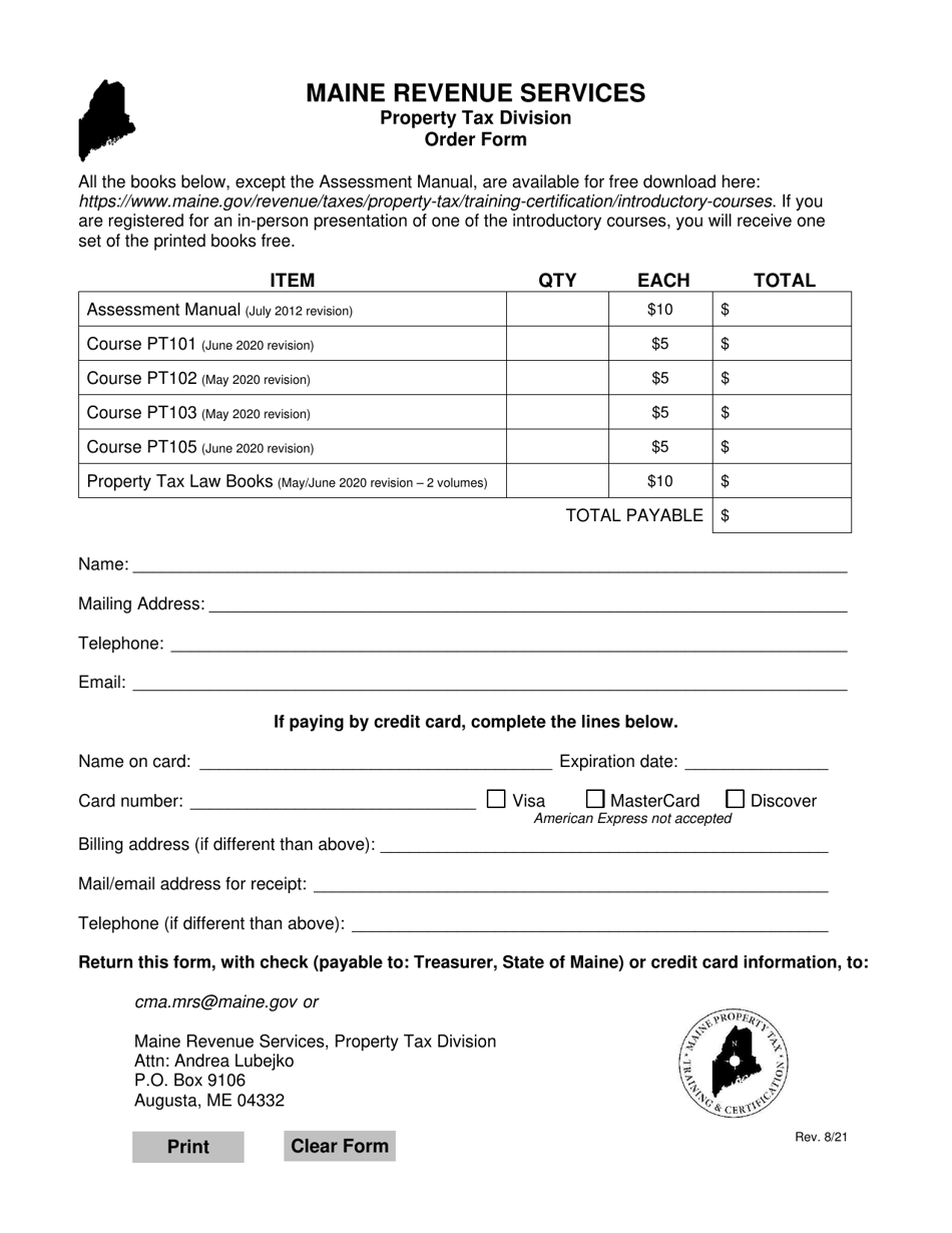 Property Tax Law Book Order Form - Maine, Page 1