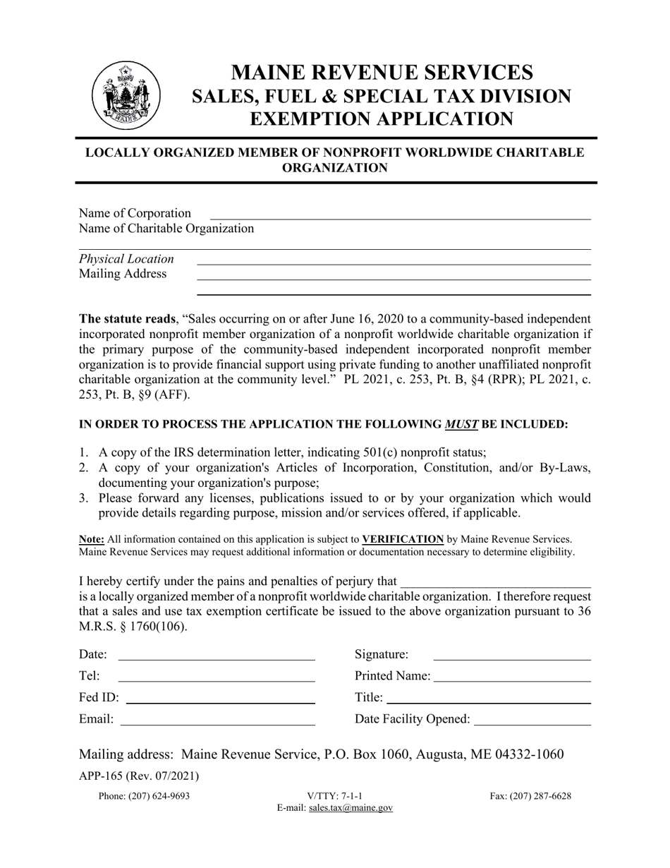 Form APP-165 Exemption Application - Locally Organized Member of Nonprofit Worldwide Charitable Organization - Maine, Page 1