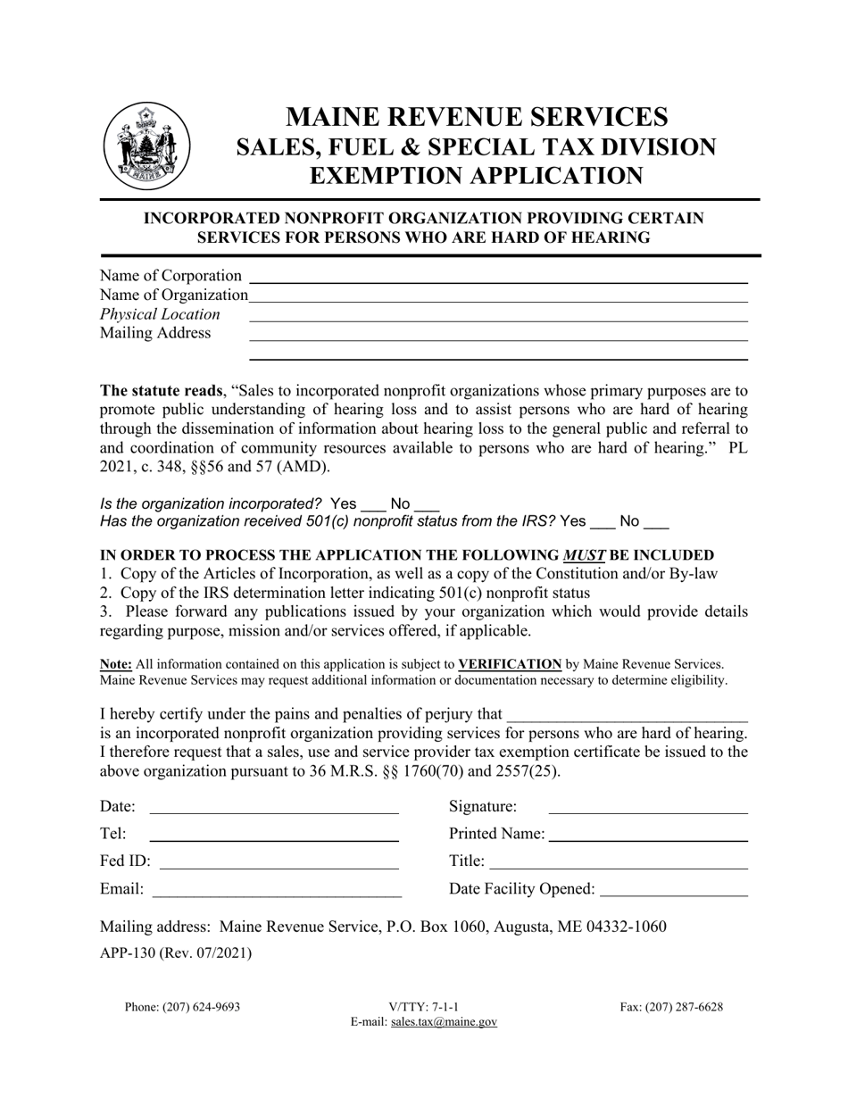 Form APP-130 Exemption Application - Incorporated Nonprofit Organization Providing Certain Services for Persons Who Are Hard of Hearing - Maine, Page 1