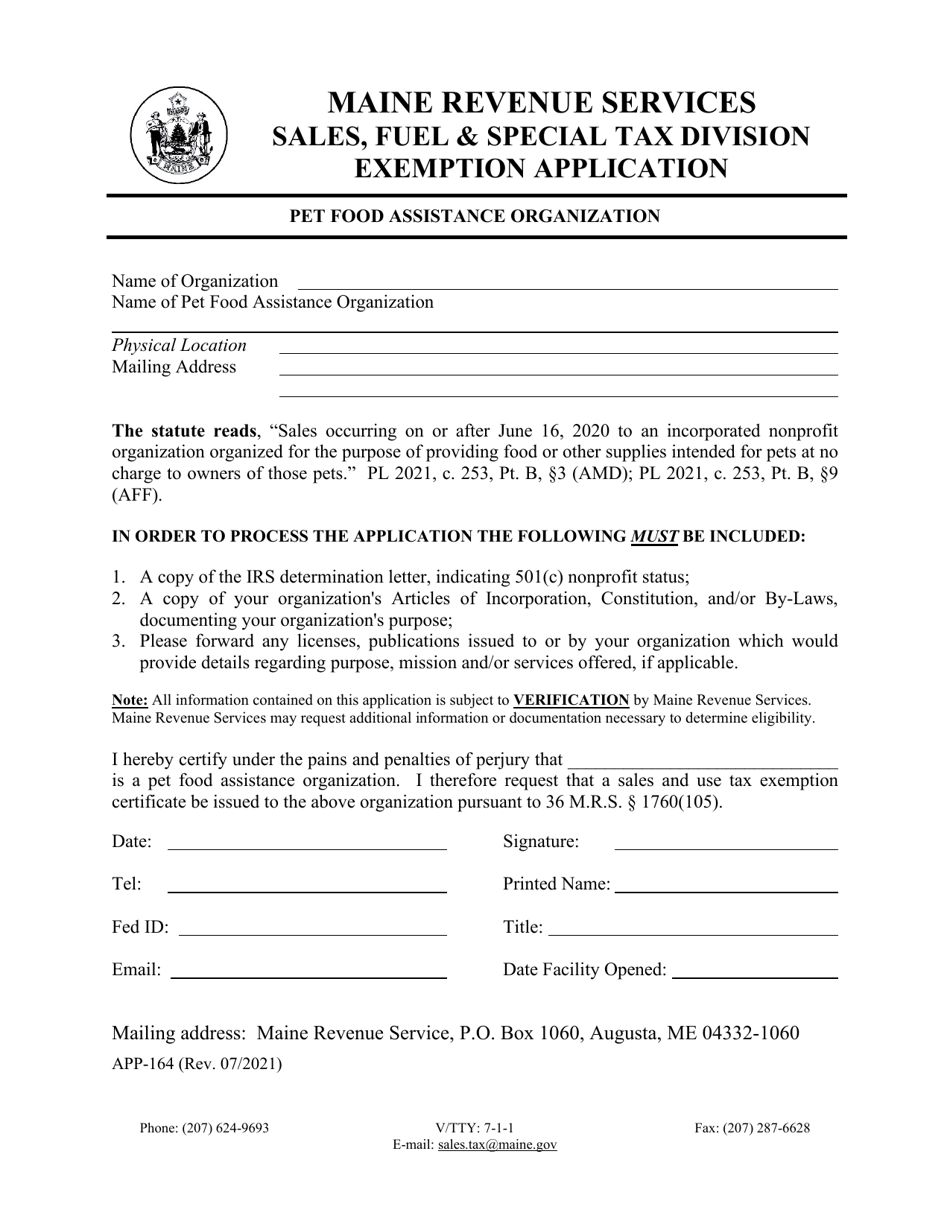 Form APP-164 Exemption Application - Pet Food Assistance Organization - Maine, Page 1